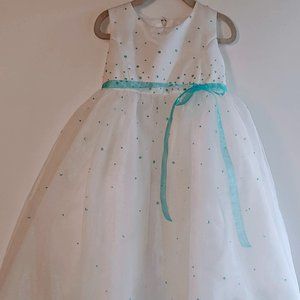 Us Angels 4T White Tulle Bottom Dress with Turquoise Sequence and Ribbon Belt
